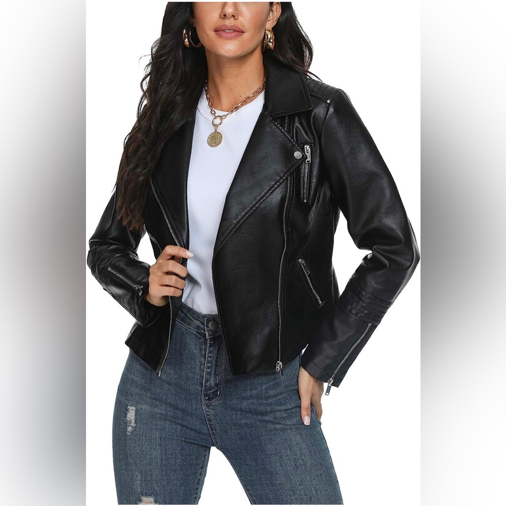 Fahsyee Women's Leather Jackets, Faux Moto Biker Coat, Lightweight.